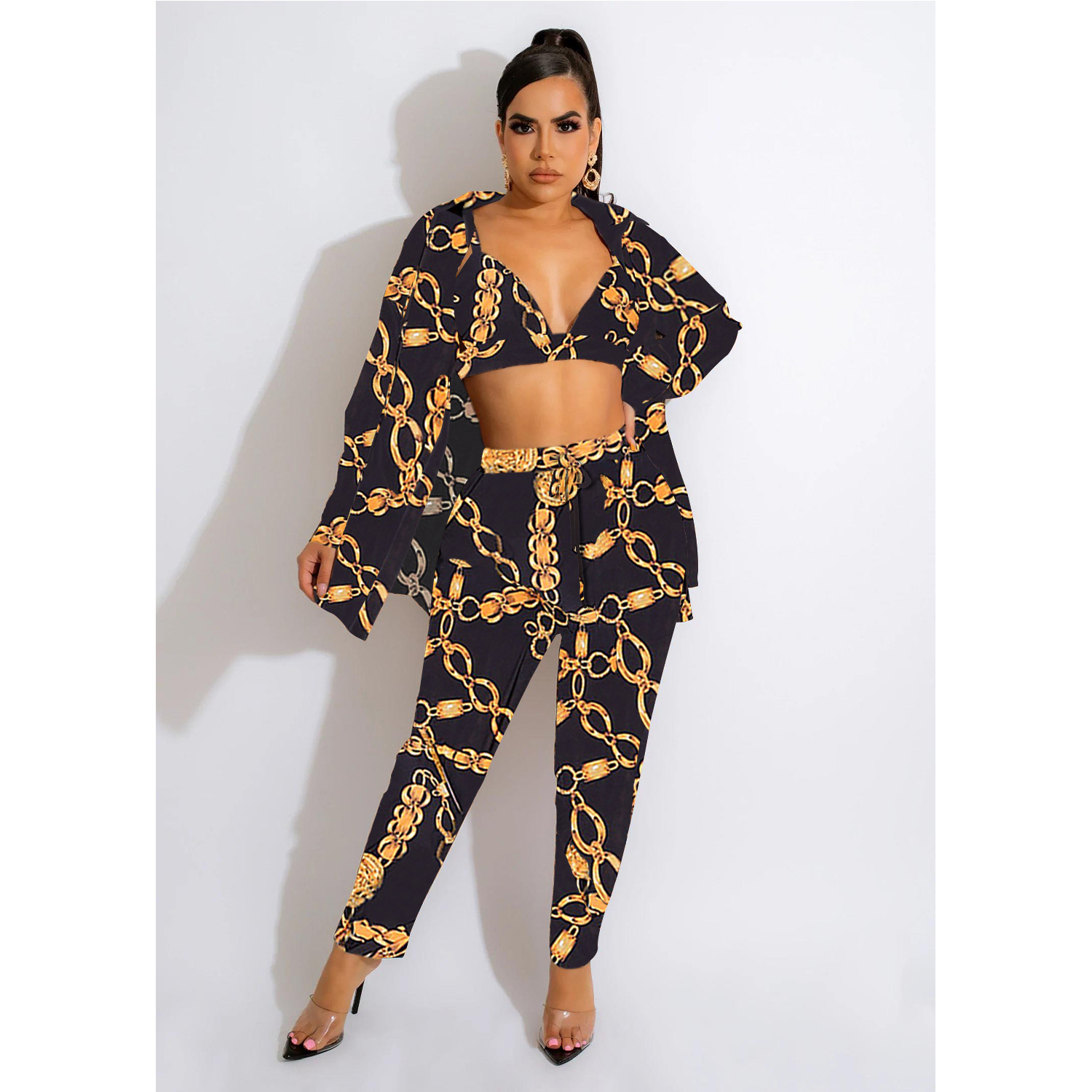 Women's Pant Set With Long Sleeved Collared Jacket And Trousers_voghion.com