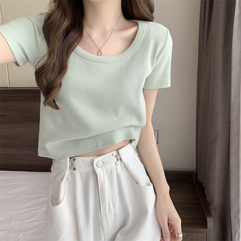 Mint Mambo Style Green Ice Silk Shoulder Short Sleeve Threaded T-Shirt Women's Summer Sweet and Spicy Short Top 2025 New Style