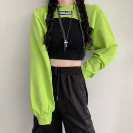 跨境2020初秋女上衣长袖薄款荧光绿超短款连帽卫衣街舞 舞服上衣