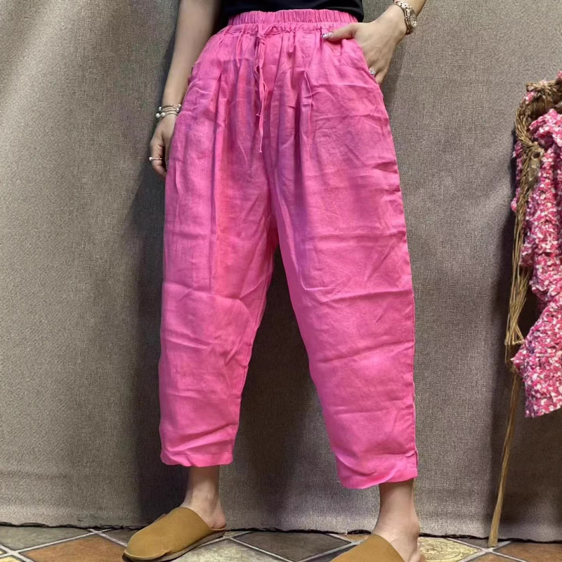 2026 New Style Pure Linen Artistic Elastic Waist Drawstring Women's Harem Pants Loose Solid Color Cropped Carrot Pants 2026 New Style Pure Linen Artistic Elastic Waist Drawstring Women's Harem Pants Loose Solid Color Cropped Carrot Pants