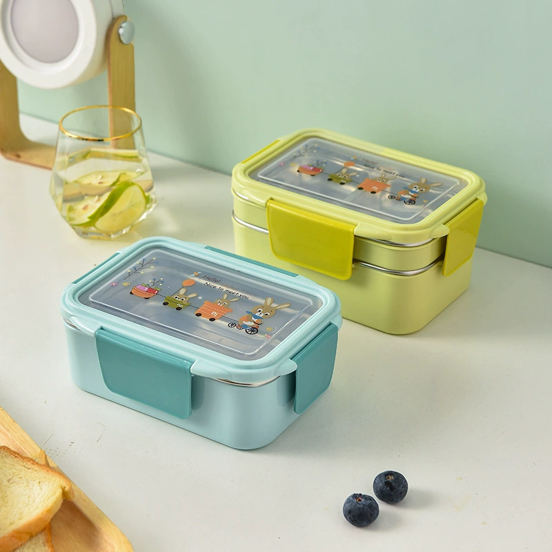 Double-layer thermos stainless steel, capacious rectangular lunch box for students