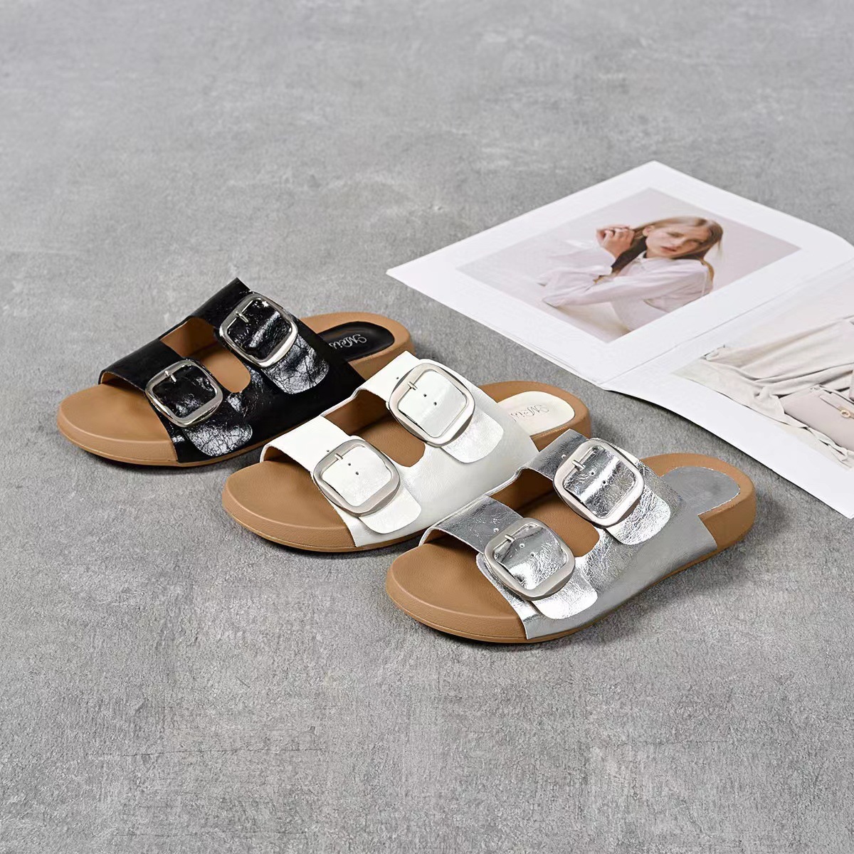 Dép sandal nữ da thật kiểu Birkenstock hở mũi đế bệt — đen chi tiết 9