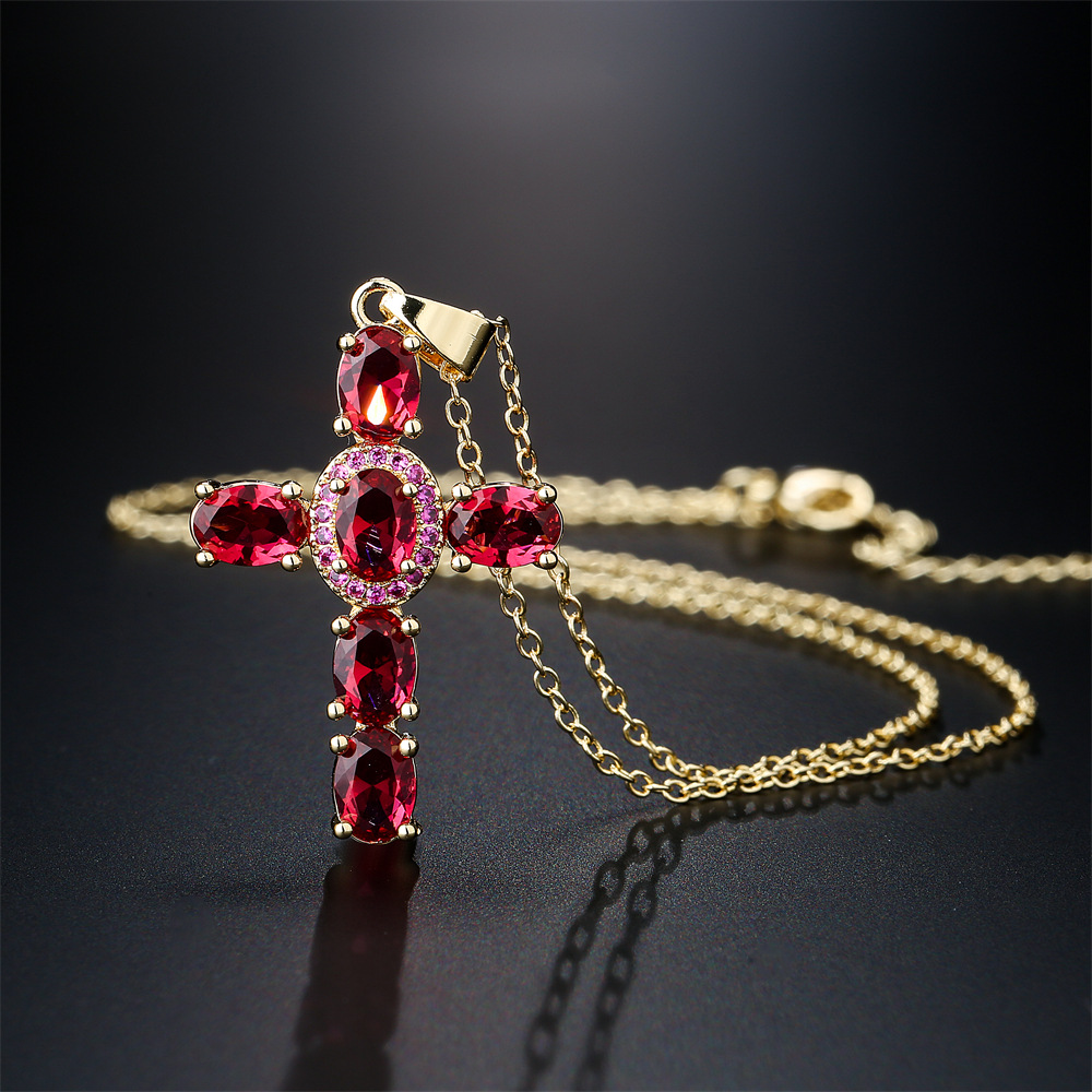 simple inlaid color zirconium cross pendant copper 18K necklace wholesale