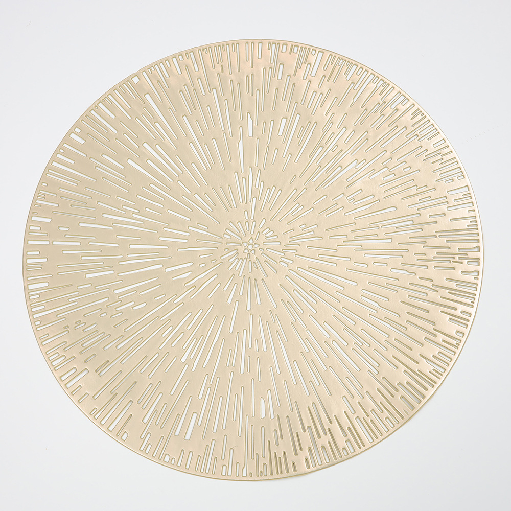 Fuegos artificiales hollow-out placemat ronda patrón de radiación de PVC dorado occidental placemat oro y plata estera de la tabla estera DE LA PLACA DE AISLAMIENTO impermeable