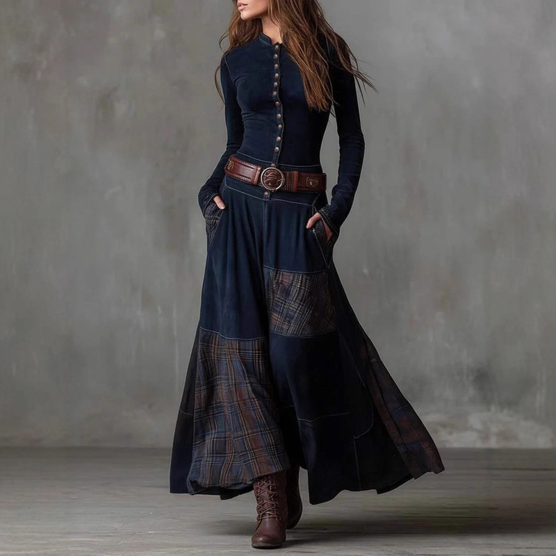 2025 European and American Clothing Retro Patchwork Wide-Leg Loose High-Waist Elastic Straight Long-Sleeved Long Dress