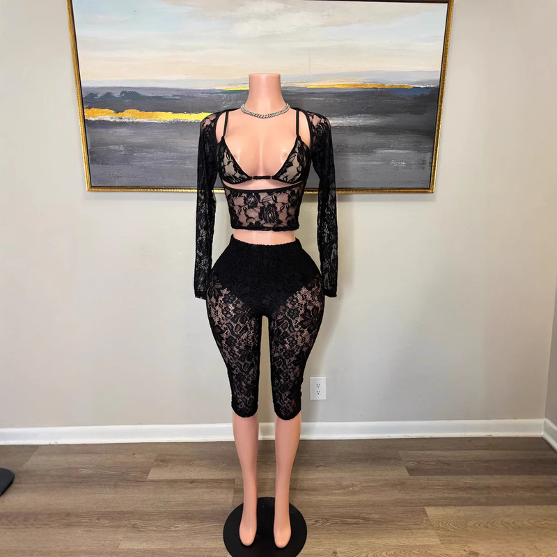 Ff1427 Cross-Border E-Commerce European and American Sexy Lace Women's Shorts Casual Two-Piece Set