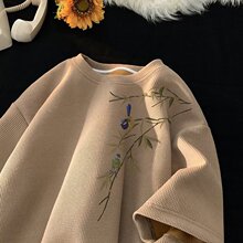 源头厂家新中式华夫格短袖恤男新款夏季国风上衣潮牌重磅竹叶半袖