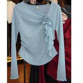 早秋2025新款棉别致斜肩长袖T恤大码女装胖mm显瘦设计感V领上衣