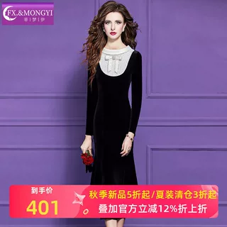 菲梦伊原创烫钻黑色金丝绒连衣裙女秋季古典优雅轻熟高腰礼服裙子
