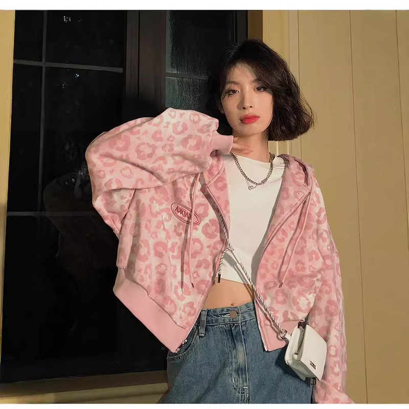 Pink Leopard Print Short Cardigan Jacket Women's Spring and Autumn New Loose Hong Kong Style Retro Hooded Sweater Trendy