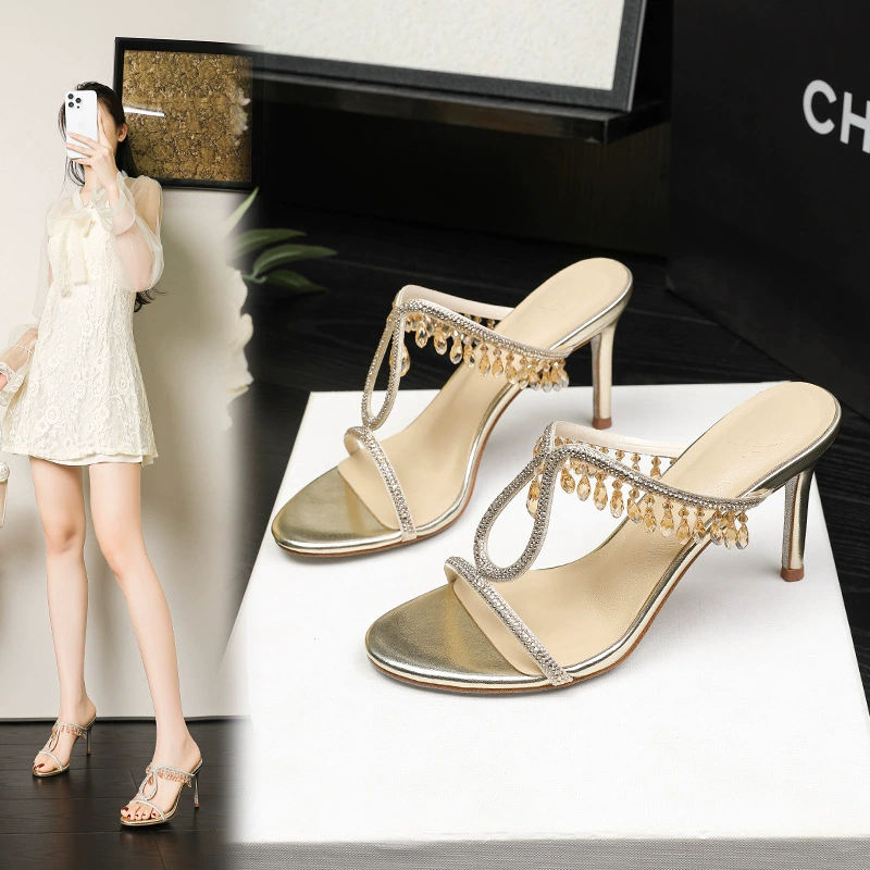 RC французский стиль с сандалиями подвеска со стразами атласная лента шампанского цвета фея ветра на высоких каблуках летом