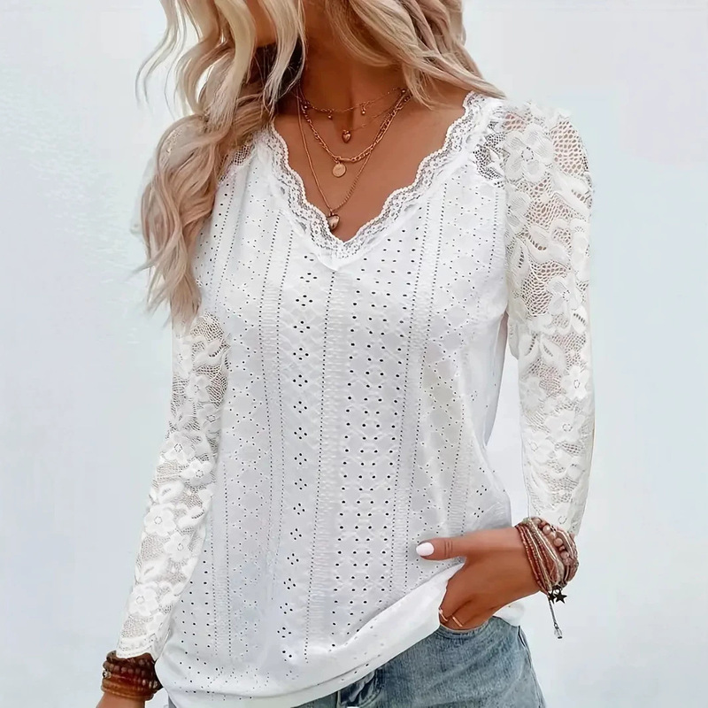 European and American Cross-Border Women's Clothing 2026 Amazon Summer New V-Neck Lace Versatile Patchwork Loose Casual Eyelet T-Shirt