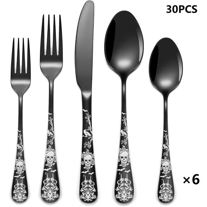 Stainless Steel Knife, Fork and Spoon Skull Pattern Black Silverware Set, Black Set, Gothic Unique Western Food Tableware Stainless Steel Knife, Fork and Spoon Skull Pattern Black Silverware Set, Black Set, Gothic Unique Western Food Tableware