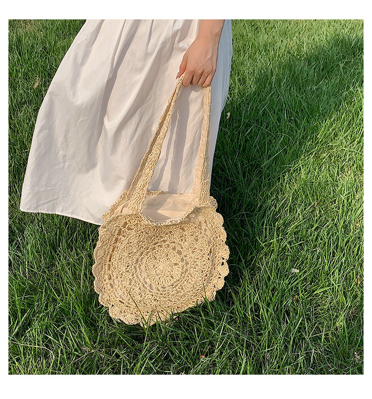Versione coreana tessuta 2024 nuovo rotondo alla moda corda di carta uncinetto erba borsa tessuta borsa da spiaggia per le vacanze per il tempo libero borsa da donna tessuta_voghion.com