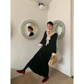 冬季法式赫本风金丝丝绒拼珍珠花边蝴蝶结系带连衣裙遮肚子