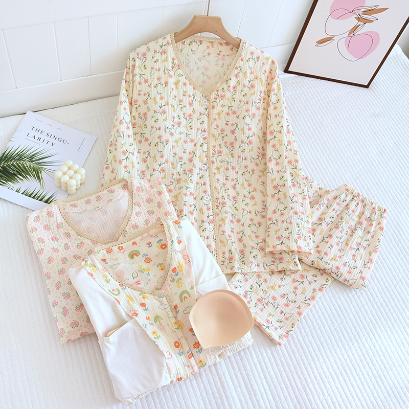 春秋纯棉带胸垫家居服女印花纱布长袖开衫套装长裤睡衣全棉可外穿