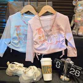 女童洋气蝴蝶图案时髦薄款衣服2025春秋新款印花长袖t恤韩系上衣