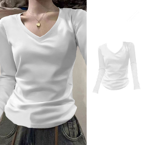 250g Ice Silk Ribbed Solid Color V-Neck Long Sleeve Women's New Spring Autumn Underwear Top Slimming T-Shirt