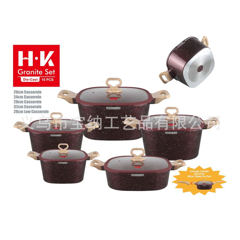 HK 10-piece non-stick pot set, square soup pot set, marble-coated aluminum die-cast pot, deep frying pot with bakelite composite bottom HK 10-piece non-stick pot set, square soup pot set, marble-coated aluminum die-cast pot, deep frying pot with bakelite composite bottom