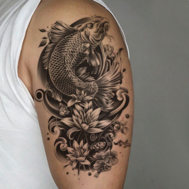 Black and white lotus koi fish tattoo sticker, lotus wave koi fish waterproof flower arm tattoo sticker, fortune-attracting tattoo sticker