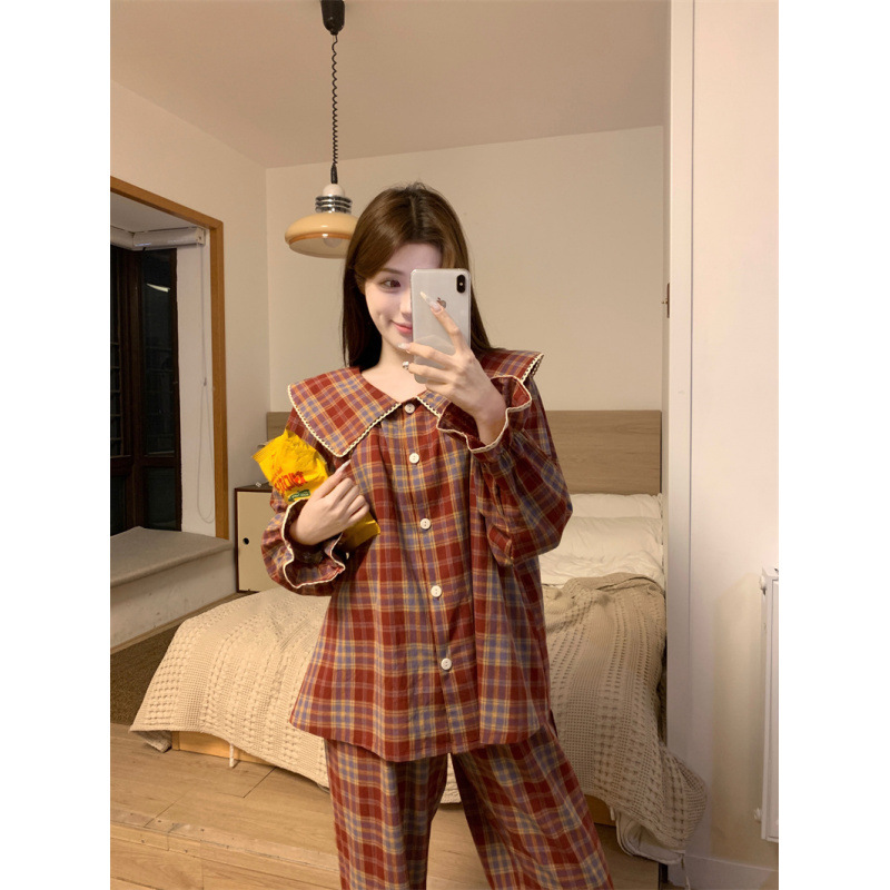 2025 봄 신상품 베이비 칼라 플레드 긴팔 팬츠 카디건 세트 파자마 여성 홈 의류