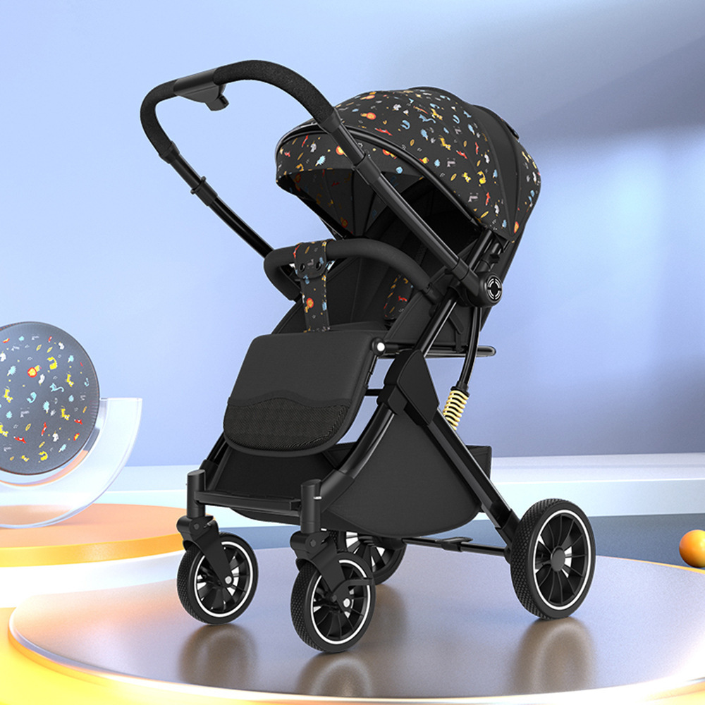 High Sitting Posture Two-Way Push Baby Stroller High View Lightweight Folding Six-Wheeled Baby Stroller Four Wheels