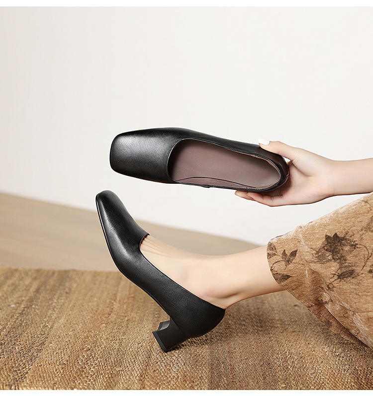 Giày nữ gót 4 cm da bò mũi vuông hở mũi kiểu bà già đi làm — màu nâu chi tiết 5