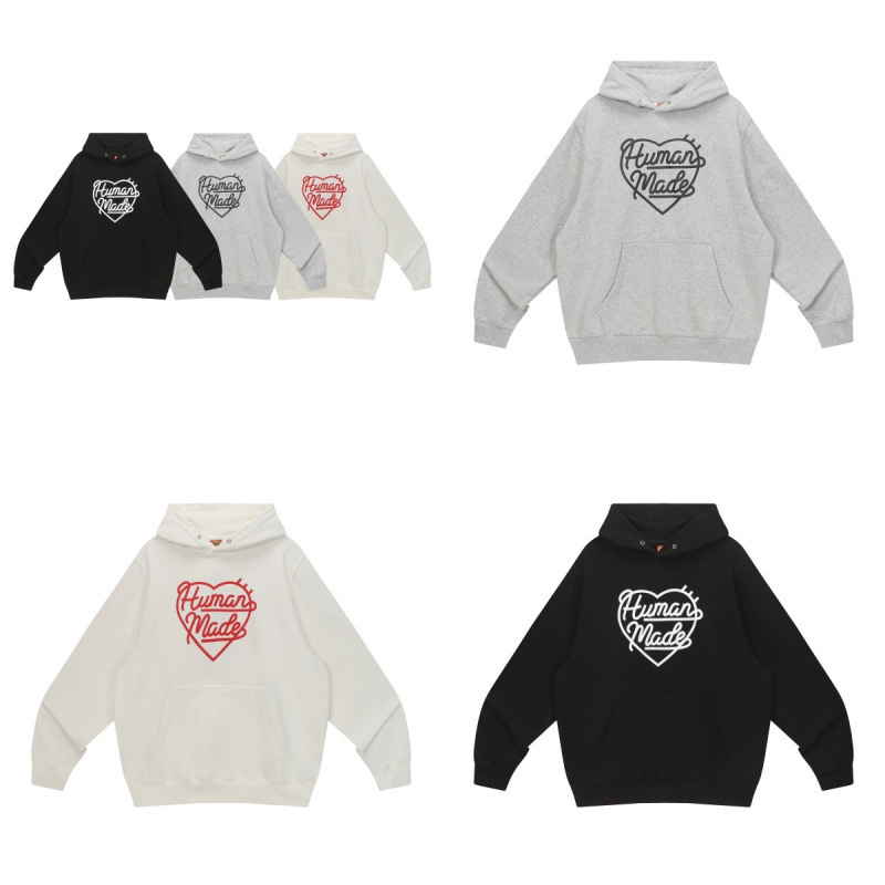 Japanese Trendy Brand Human Hm 25Ss Heart Pattern Printed Hooded Long-Sleeve Pullover Sweatshirt Unisex