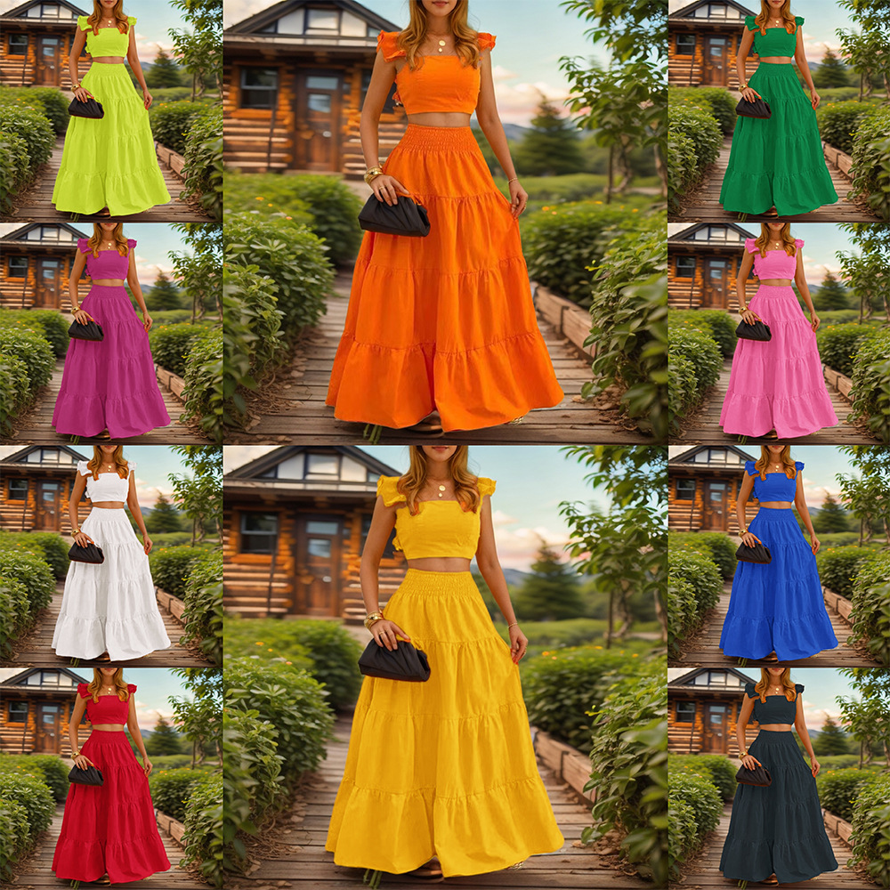 欧美跨境外贸女装纯色性感风荷叶边法式吊带裙两件套连衣裙女套装