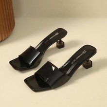 外贸大码法式水晶细跟方头一字带拖鞋女外穿新款高跟透明凉拖鞋女