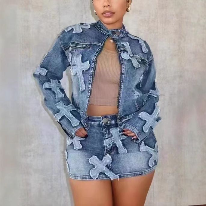 2024 Autumn Fashion Boutique Denim Jeans Designer Two-Piece Skirt and Jacket Suit Personality