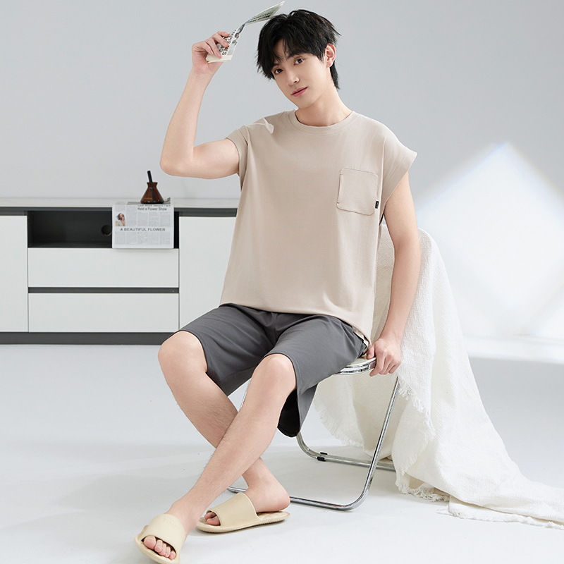 Pijamas Chaleco para hombre Verano sin mangas Pantalones cortos para hombre Simple Adolescente Verano fresco Cool Algodón Conjunto de ropa para el hogar