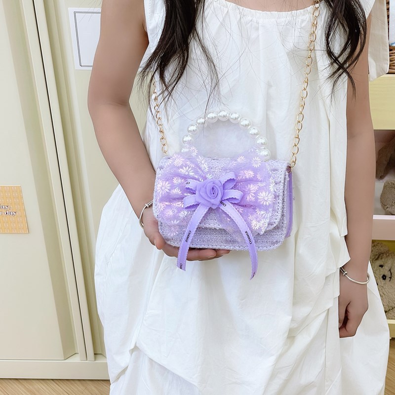 Bolso de lazo para niños Bolso de mensajero de flor de rosa de verano Bolso de princesa portátil de perlas para niñas Monedero de fragancia pequeña