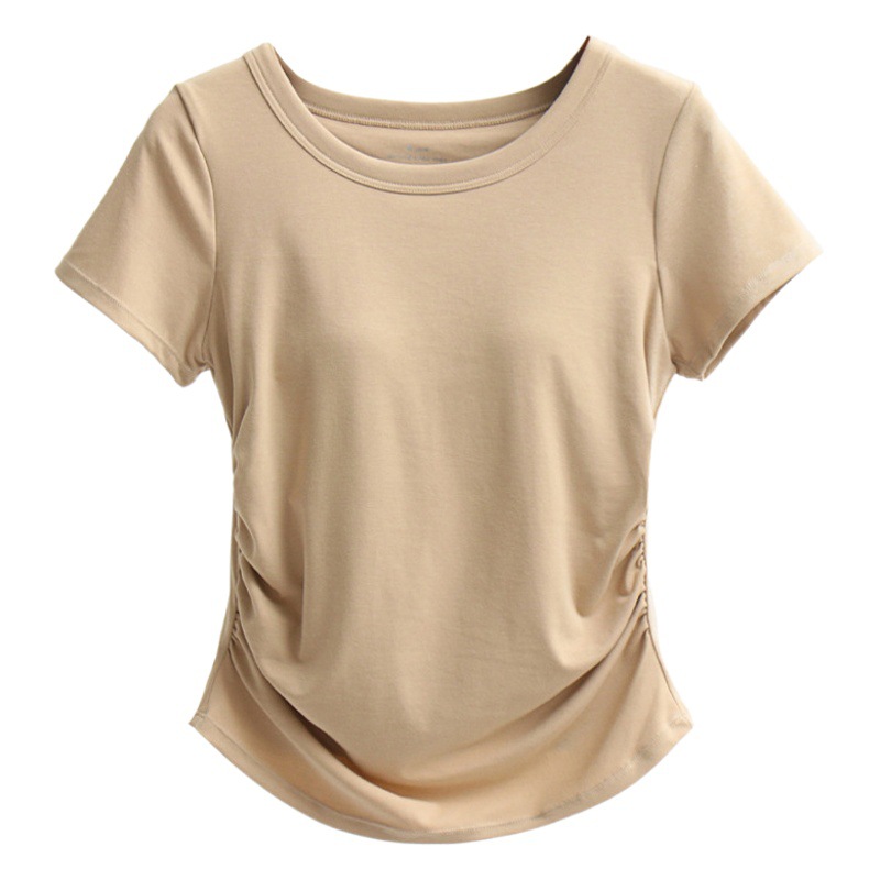 Short-sleeved T-shirt with Chest Pad Women's Summer Curved Half-sleeved Top Pleated Irregular Waist Slimming Round Neck Base Shirt