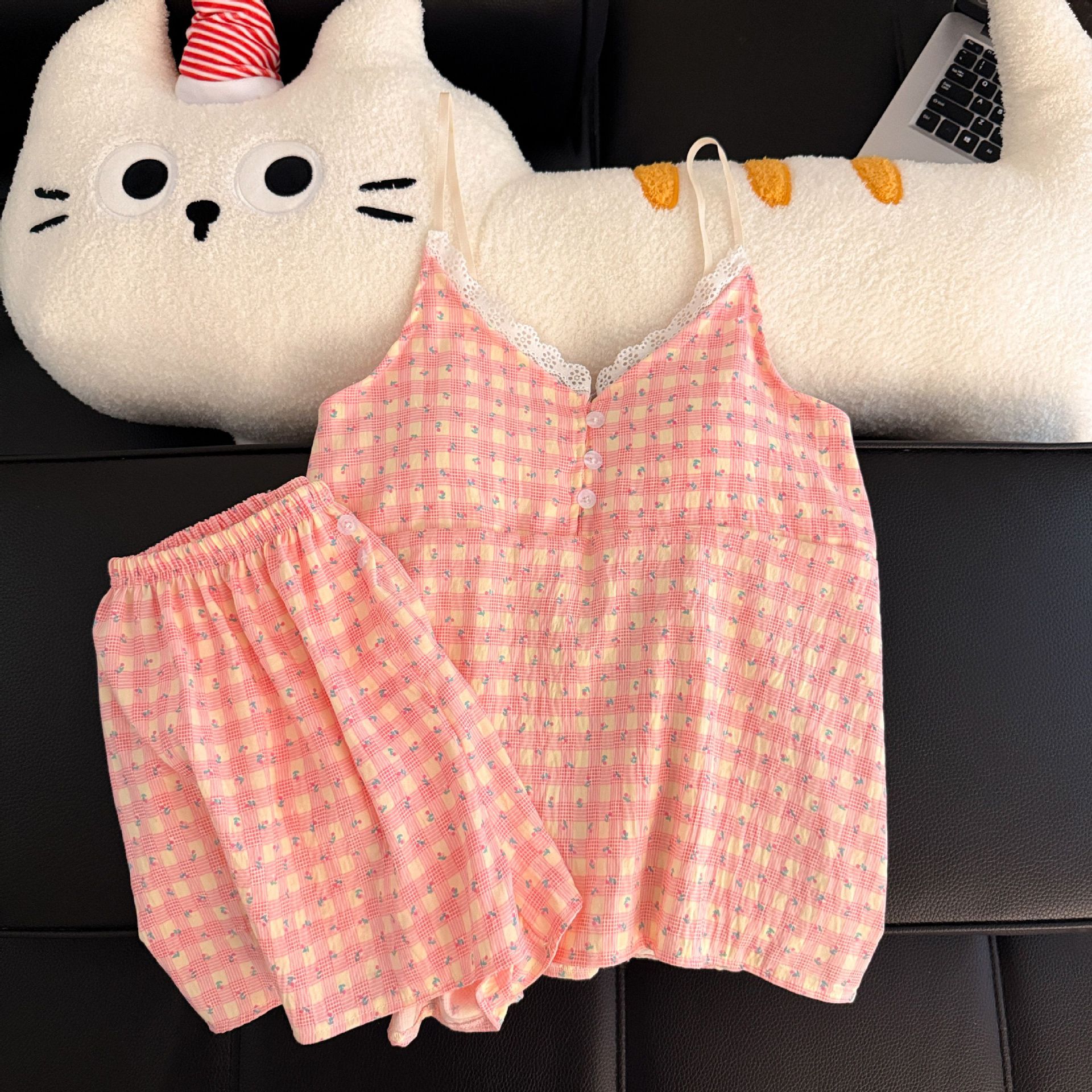 Pantalones cortos con cojín de pecho al por mayor transfronterizo pijamas de verano nuevo algodón nublado dulce conjunto de ropa de casa a cuadros