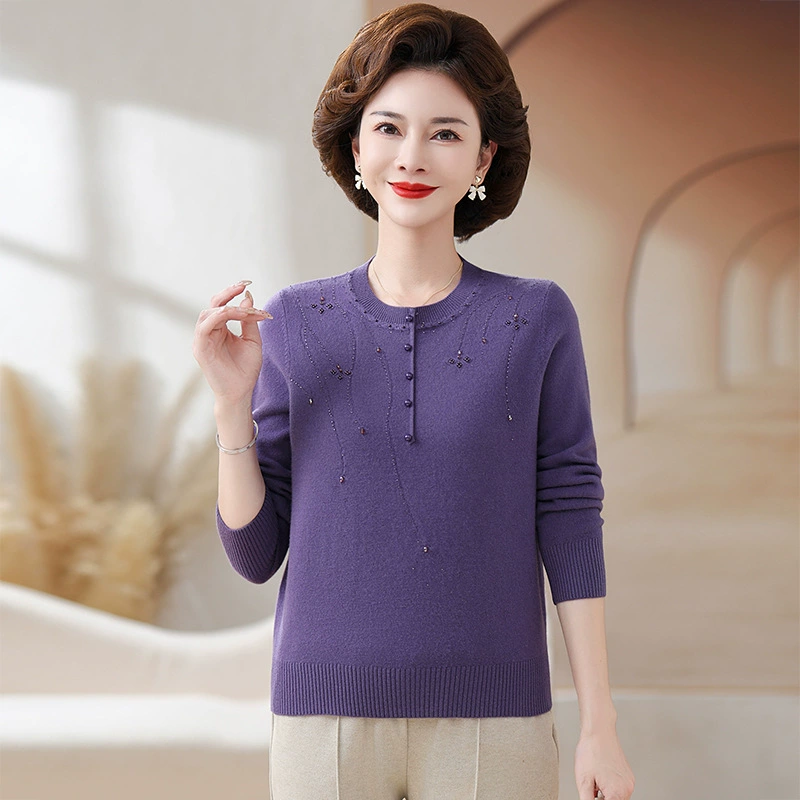 Шерстяной свитер для мамы, однотонный, базовая модель для женщин среднего возраста, стильный и элегантный, новый зимний свитер 2024 года.