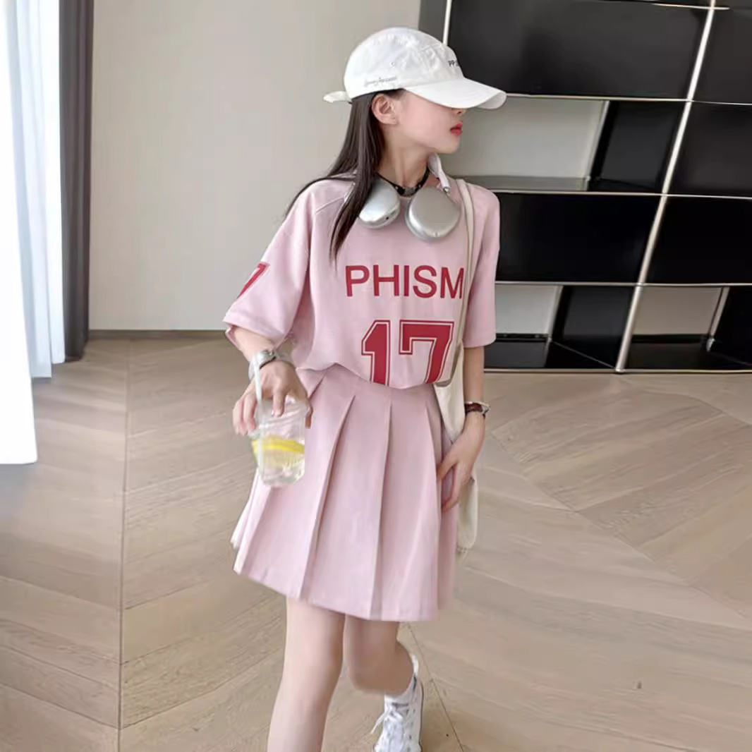 Girls' Summer Dress Dress 2025 New Style Middle and Large Children's Short-sleeved T-shirt JK Skirt Children's Summer Casual Two-piece Set