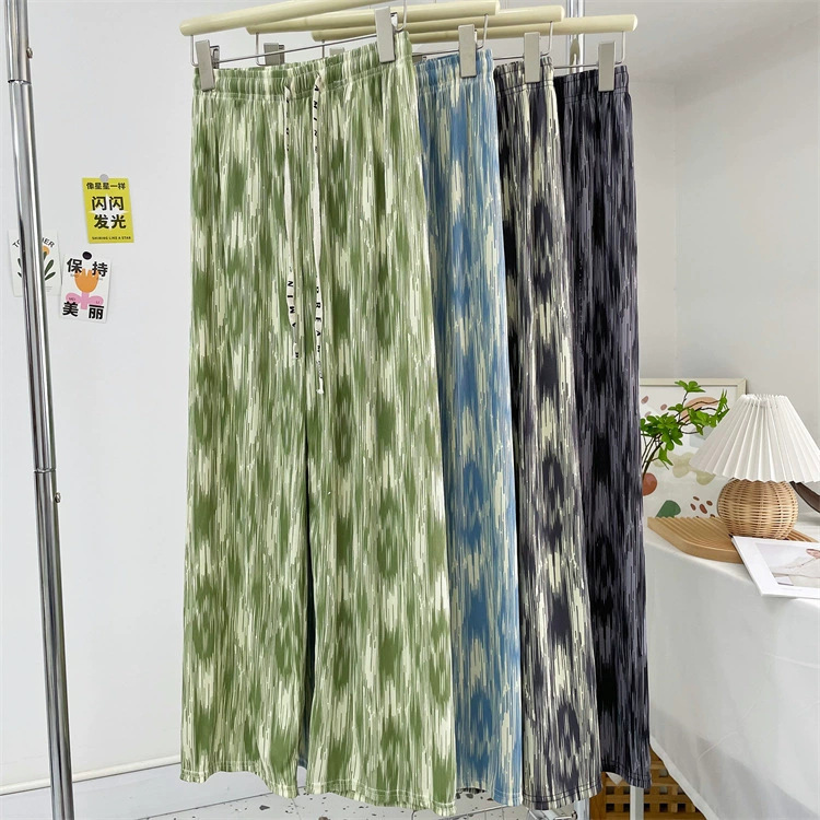 Ink Painting Tie-Dye Ice Silk Wide-Leg Pants Women's Summer Thin High Waist Threaded Straight Pants Loose Slim-fit Floor-mopping Pants