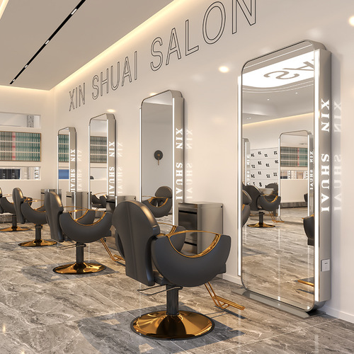 Trendy salon mirror—premium hairdressing mirror designed for salons, featuring a stylish stainless steel floor-standing full-length mirror with built-in lighting