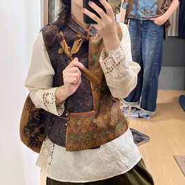 25秋冬设计感古香古色手工中式拼色马甲小A设计藏肉显瘦背心上衣