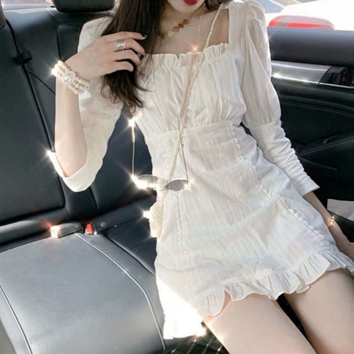 White summer dress for petite women: sweet, elegant layered look with a square neckline, fitted waist, and high-waisted design featuring ruffled edges.