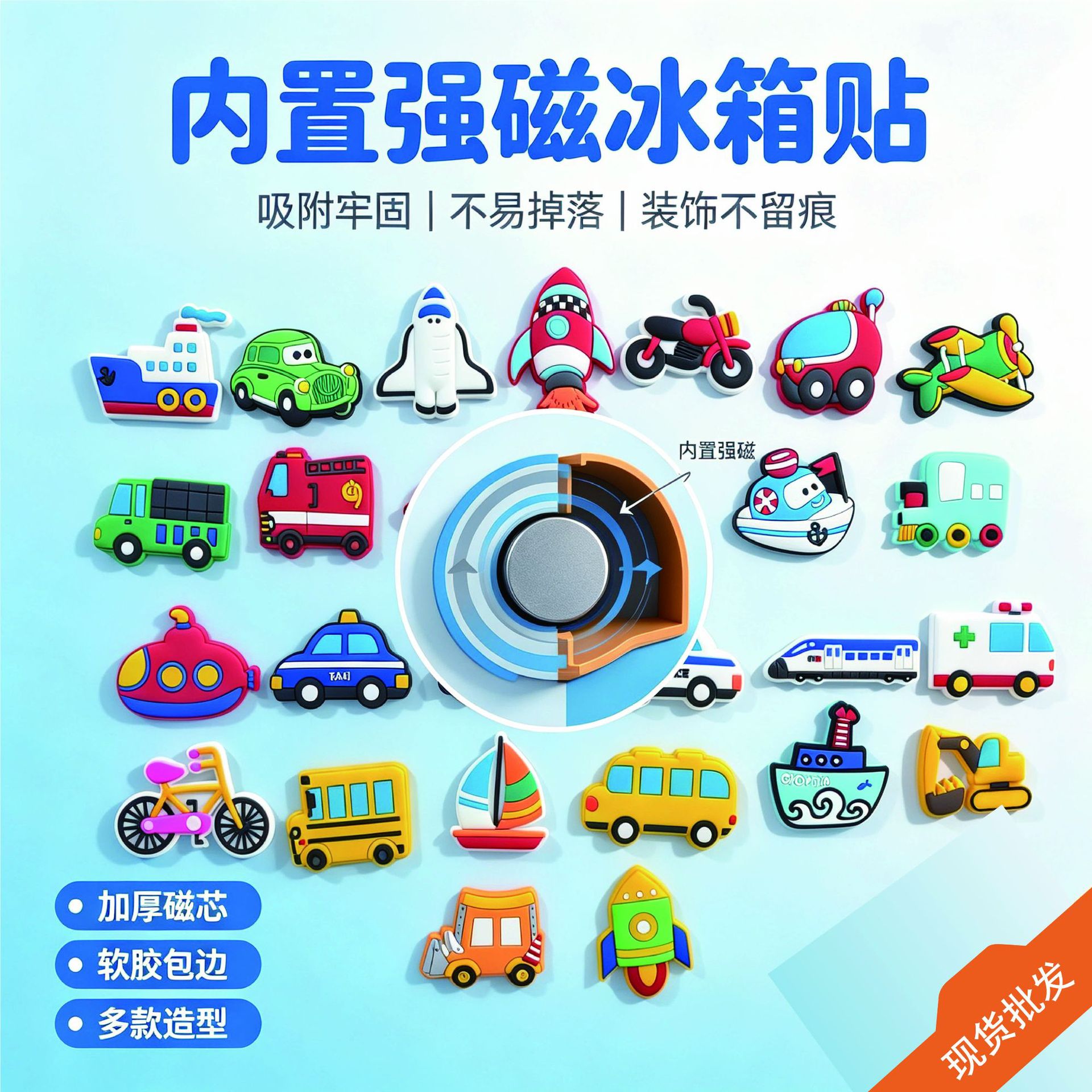 卡通立体3D冰箱贴儿童交通工具汽车软胶磁性贴批发定制跨境热卖
