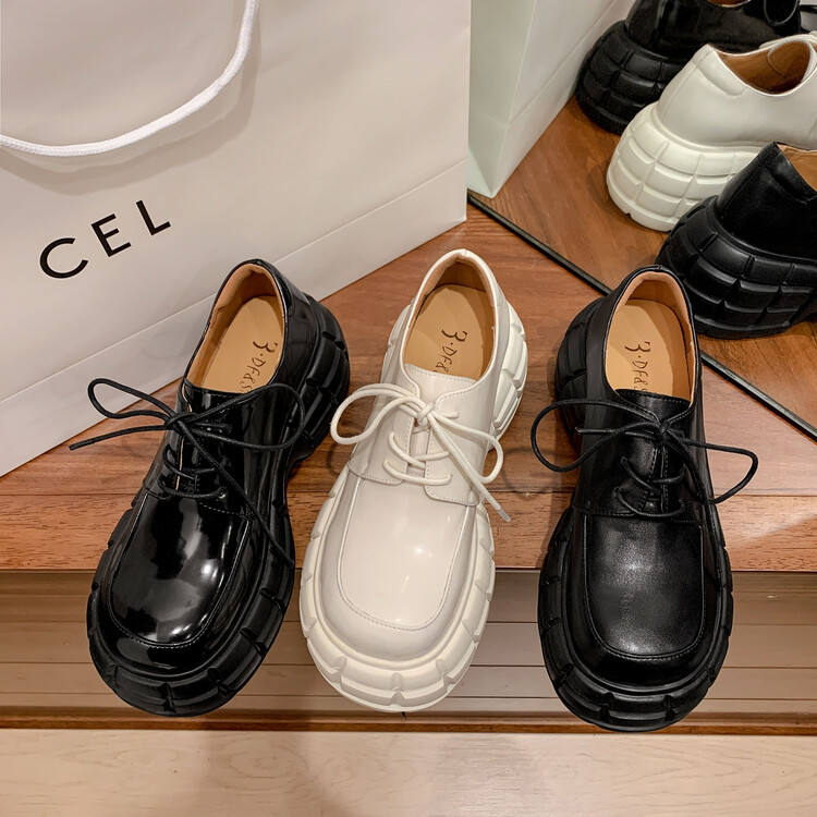 Giày lười nữ da bò phối dây buộc chéo đế xuồng platform phong cách Anh quốc — Màu Đen Hạt mở viền, Màu đen da bò mờ, Màu trắng chi tiết 142