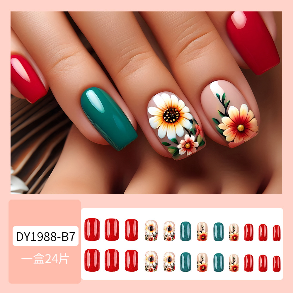 Papas de uñas de uñas de girasol simples Chicas calientes Parche de uñas rojo y azul Terminado al por mayor en Europa y América