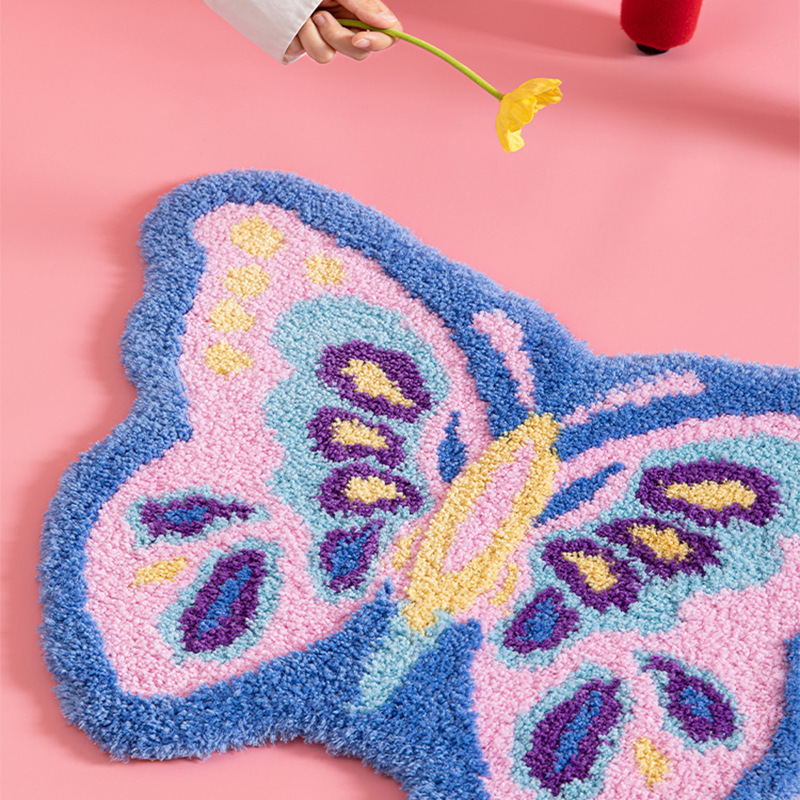 Alfombra Flocada de Mariposa Tejido Flocado Absorbente y Plegable para Dormitorio