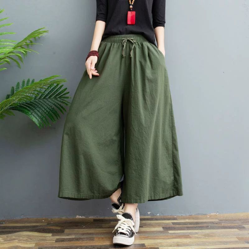 2025 New Cotton and Linen Wide-Leg Pants for Women Summer Thin Large Size Loose Linen Eight-Point Casual Wide-Leg Culottes Leggings