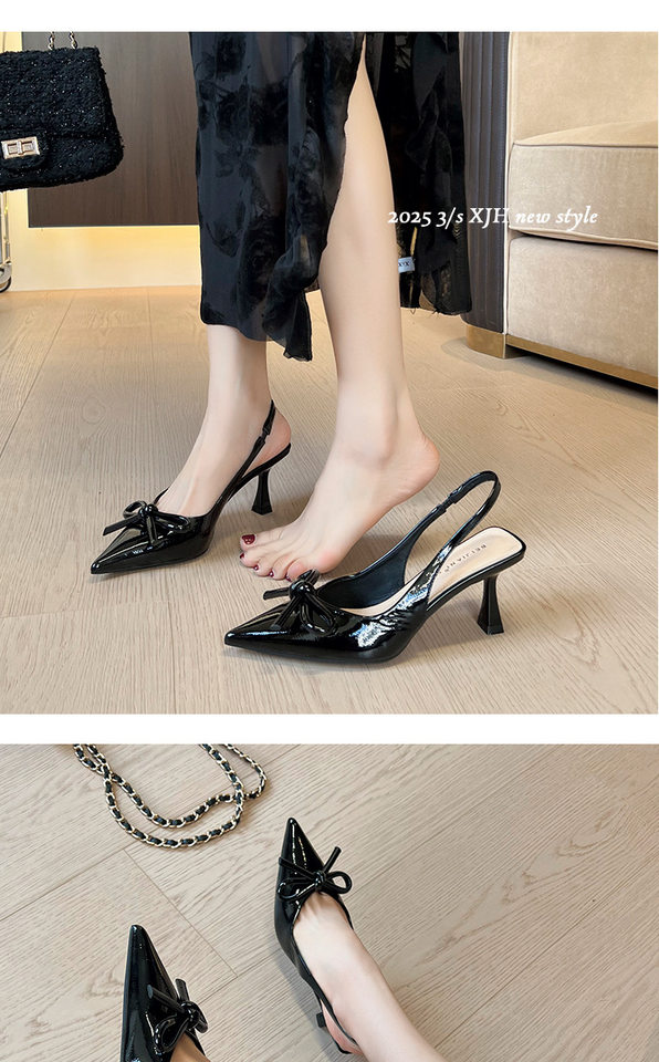 Giày cao gót nữ mũi nhọn gót mảnh quai ngang thắt nơ, sandal bít mũi gót 6–8 cm — Màu trắng be, Màu đen, Màu đỏ rượu chi tiết 12
