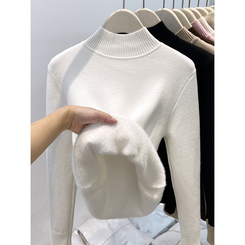 Winter One-Piece Fleece-Thickened Turtleneck Knitted Base Layer Top for Women—Warm Innerwear Korean-Style Soft and Fluffy Basic Sweater