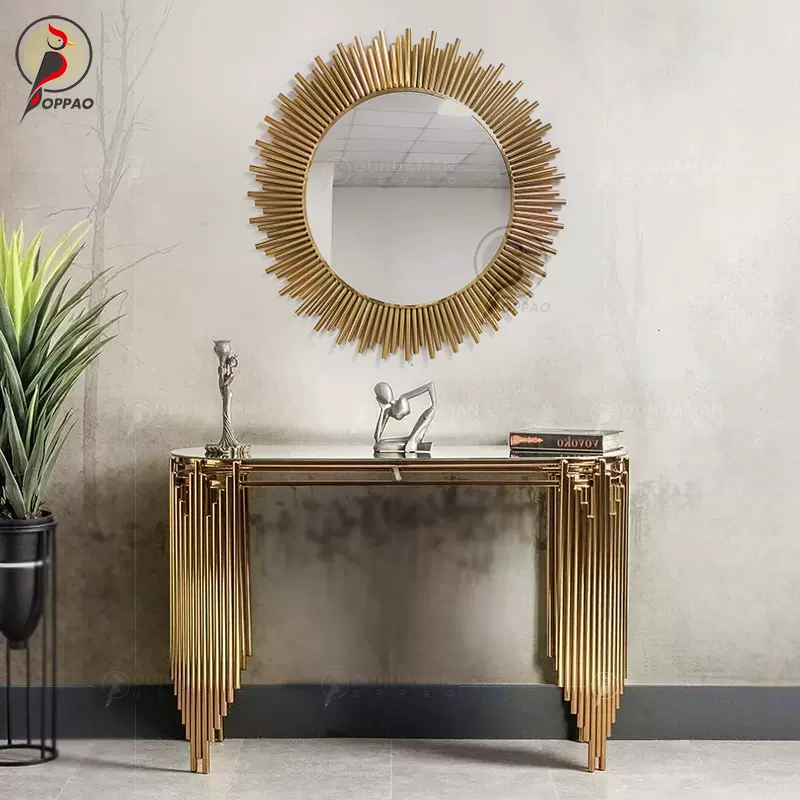 轻奢不锈钢钛金色玄关台钢化玻璃酒店客厅大理石太阳镜子玄关桌
