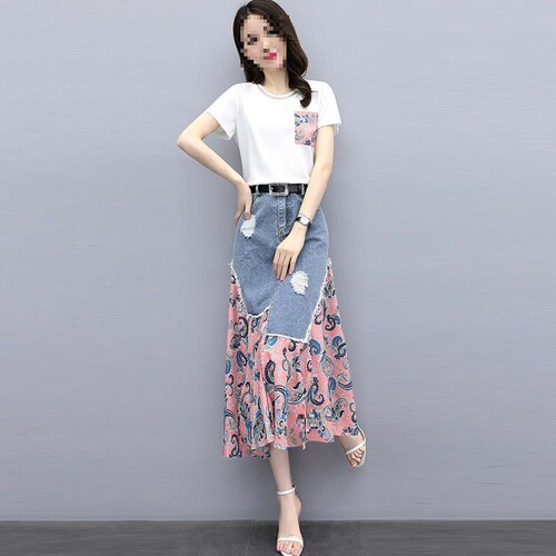 Summer denim dress, two-piece spring and summer dress, new women's style, slimming skirt, long skirt, suit, trend